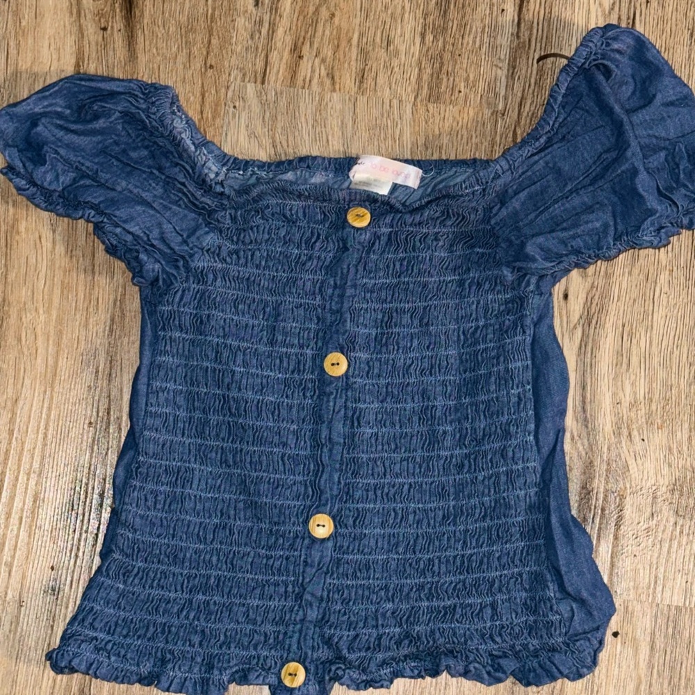 Girls Blue Smocked Off-Shoulder Top with Yellow Buttons